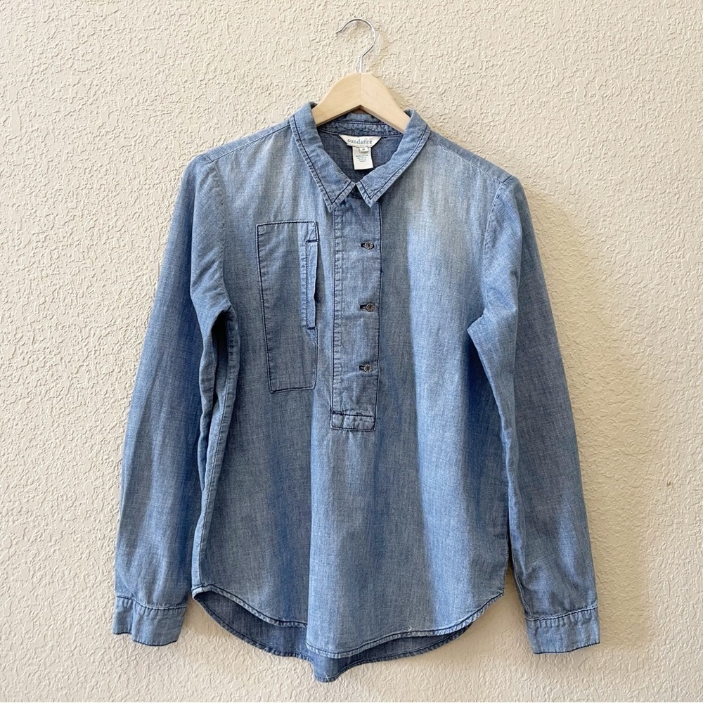 Sundance Top Tunic Denim Button Long Sleeve Chambray Western Rodeo Boho Blue Med